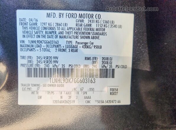 1LNHL9DK7GG603163 2016 LINCOLN MKS Gray VIN კოდის სტიკერის ხედი