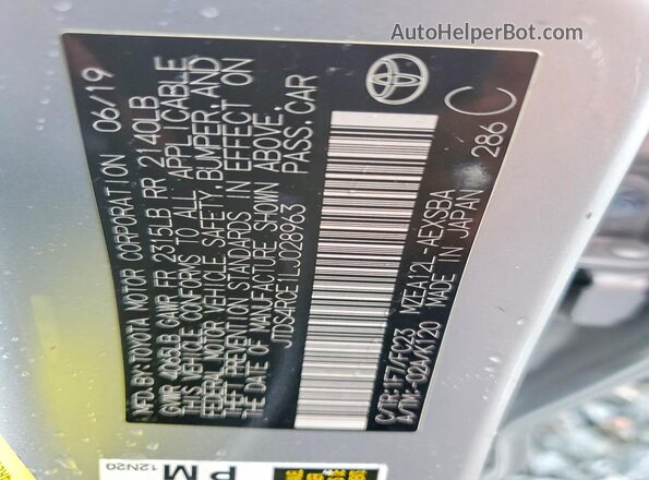 JTDS4RCE1LJ028963 2020 TOYOTA COROLLA Серебряный Вид наклейки с VIN-кодом