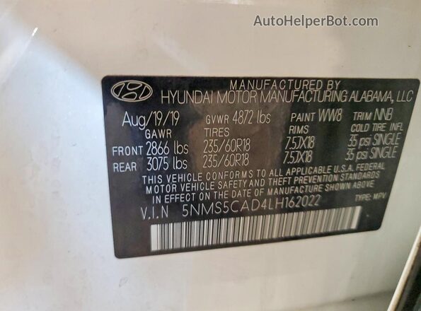 5NMS5CAD4LH162022 2020 HYUNDAI SANTA White 360 interior view