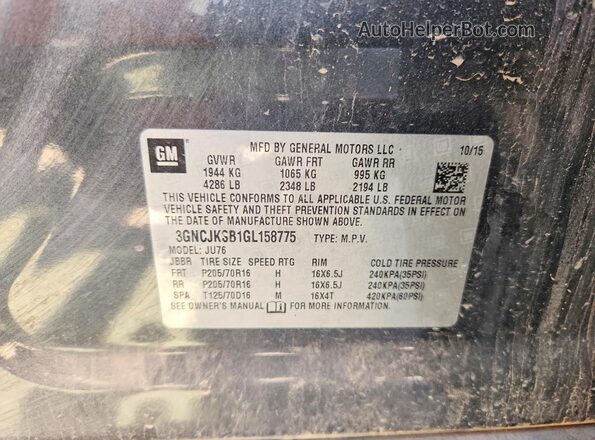3GNCJKSB1GL158775 2016 CHEVROLET TRAX Gray Widok naklejki z numerem VIN