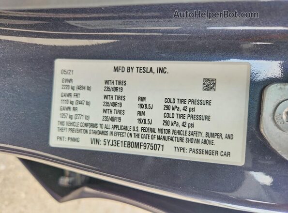 5YJ3E1EB0MF975071 2021 TESLA MODEL Серый Вид наклейки с VIN-кодом