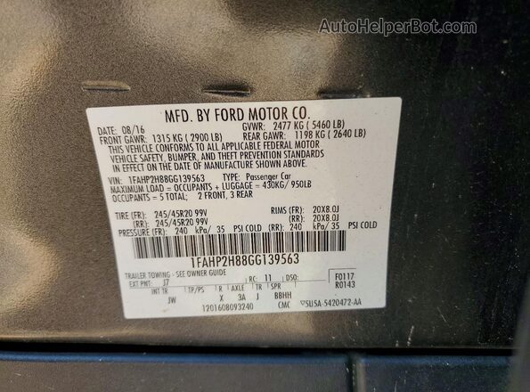 1FAHP2H88GG139563 2016 FORD TAURUS Gray Vista de la etiqueta del VIN