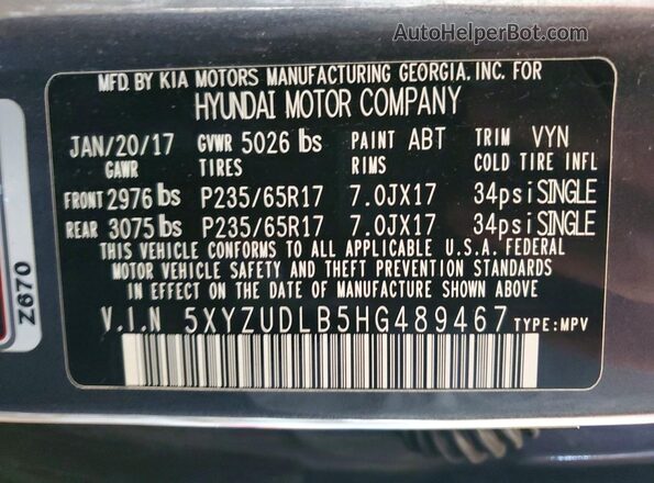 5XYZUDLB5HG489467 2017 HYUNDAI SANTA Серый Панорамный вид салона 360°