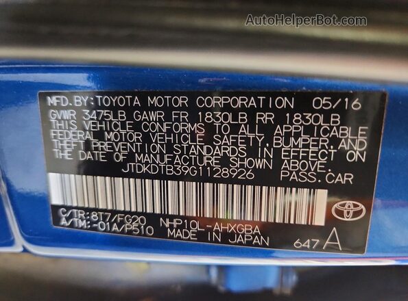 JTDKDTB39G1128926 2016 TOYOTA PRIUS Blue VIN კოდის სტიკერის ხედი