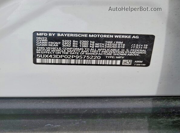 5UX43DP02P9S75220 2023 BMW X3 White VIN կոդի պիտակի տեսք