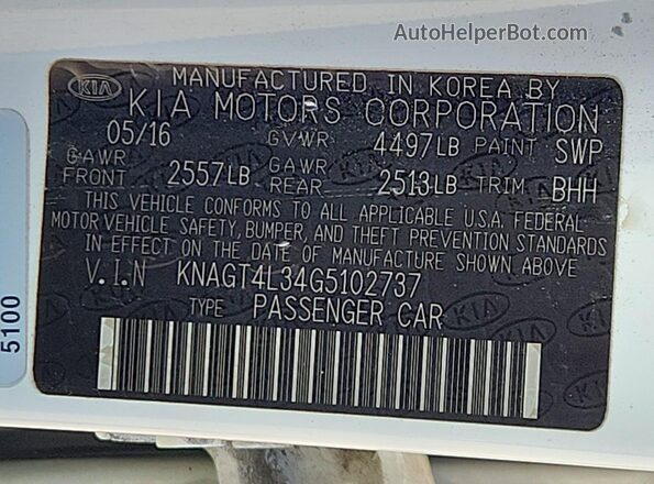 KNAGT4L34G5102737 2016 KIA OPTIMA White VIN կոդի պիտակի տեսք
