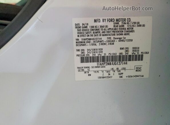 1FAHP2MK4JG127144 2018 FORD TAURUS White Вид наклейки з VIN-кодом