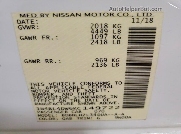 1N4BL4DW6KC149722 2019 NISSAN ALTIMA White Вид наклейки з VIN-кодом