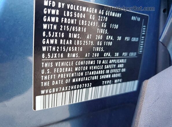 WVGBV7AX2HK007932 2017 VOLKSWAGEN TIGUAN Blue სალონის 360-გრადუსიანი ხედი