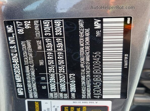 4JGDA5JB8JB008456 2018 MERCEDES-BENZ GLE Gray Панорамний вид салону 360°