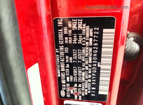 5XYPGDA30HG267722 2017 KIA SORENTO Red 360 interior view
