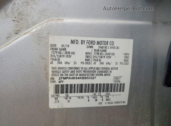 2FMPK4K94KBB53327 2019 FORD EDGE Silver Vista interior de 360 grados