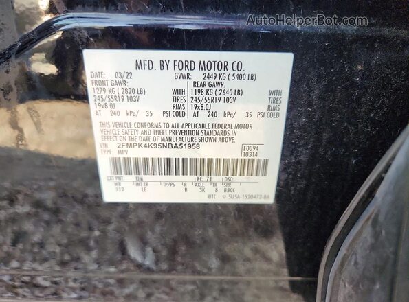 2FMPK4K95NBA51958 2022 FORD EDGE Black Vista interior de 360 grados