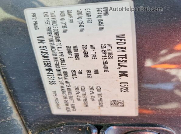 5YJSA1E58NF478188 2022 TESLA MODEL Gray 360 interior view