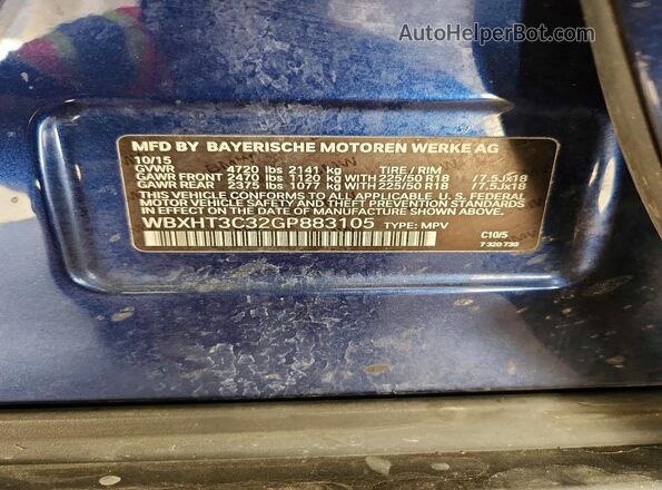 WBXHT3C32GP883105 2016 BMW X1 Blue Панорамний вид салону 360°