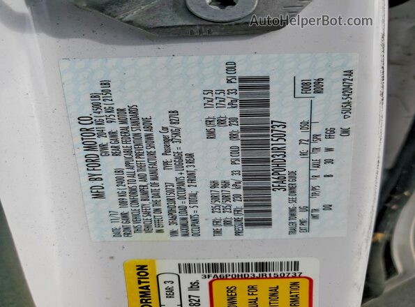 3FA6P0HD3JR150737 2018 FORD FUSION White VIN კოდის სტიკერის ხედი