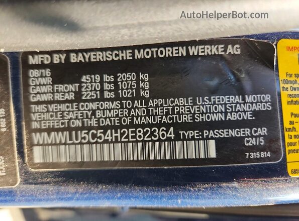 WMWLU5C54H2E82364 2017 MINI COOPER Blue Vista de la etiqueta del VIN