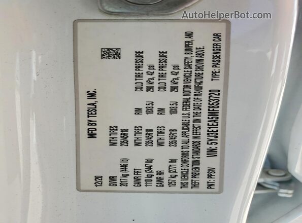 5YJ3E1EA5MF853720 2021 TESLA MODEL 3 Белый Панорамный вид салона 360°