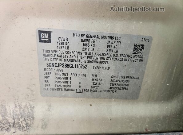 3GNCJPSB5GL116252 2016 CHEVROLET TRAX Желто-коричневый Панорамный вид салона 360°
