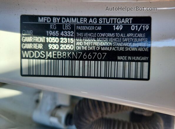 WDDSJ4EB8KN766707 2019 MERCEDES-BENZ CLA-CLASS White VIN კოდის სტიკერის ხედი