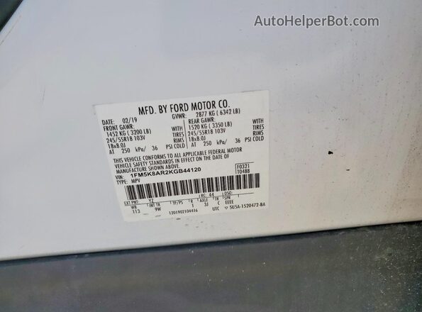 1FM5K8AR2KGB44120 2019 FORD EXPLORER White Widok wnętrza 360 stopni