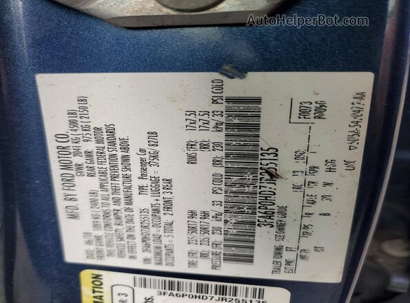 3FA6P0HD7JR255135 2018 FORD FUSION Синий Панорамный вид салона 360°