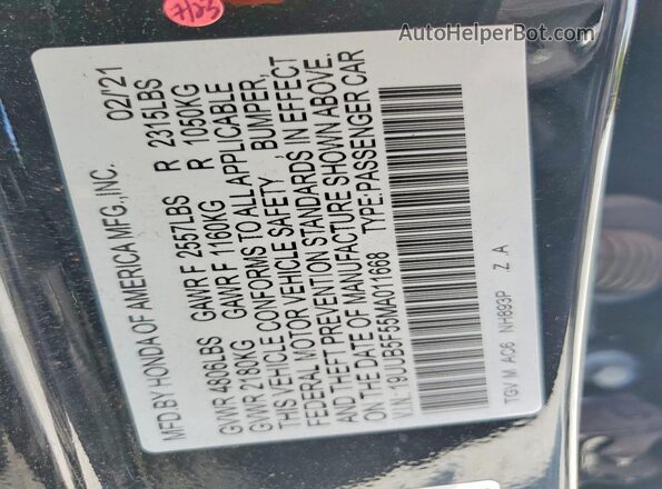 19UUB5F55MA011668 2021 ACURA TLX Черный Вид наклейки с VIN-кодом