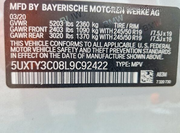 5UXTY3C08L9C92422 2020 BMW X3 Silver Widok wnętrza 360 stopni