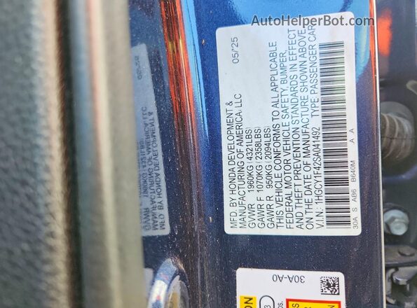 1HGCY1F42SA041492 2025 HONDA ACCORD Blue Вид наклейки з VIN-кодом