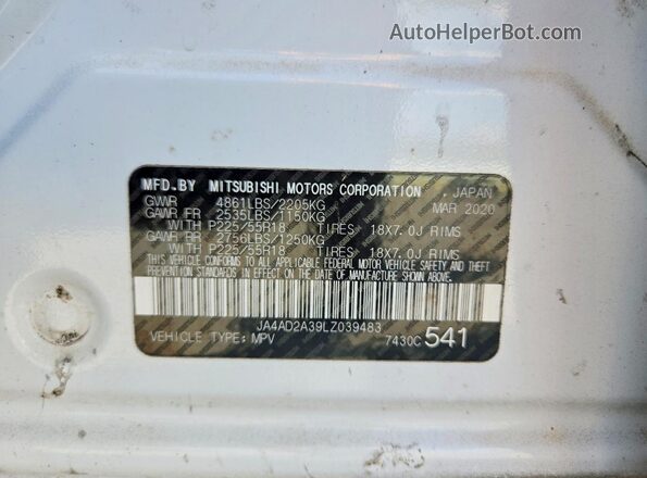 JA4AD2A39LZ039483 2020 MITSUBISHI OUTLANDER White Vista interior de 360 grados