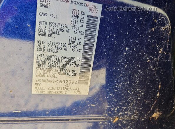 5N1DR2MN8HC692992 2017 NISSAN PATHFINDER Blue Widok naklejki z numerem VIN