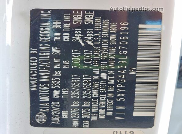 5XYPG4A39LG706196 2020 KIA SORENTO Белый Панорамный вид салона 360°