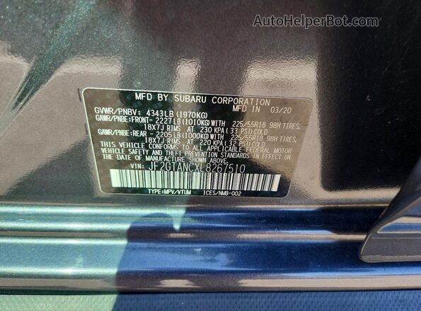 JF2GTANCXL8267510 2020 SUBARU CROSSTREK Серый Вид наклейки с VIN-кодом