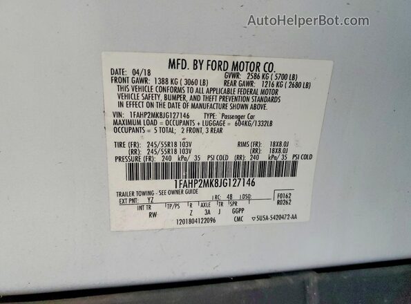 1FAHP2MK8JG127146 2018 FORD TAURUS White Вид наклейки з VIN-кодом