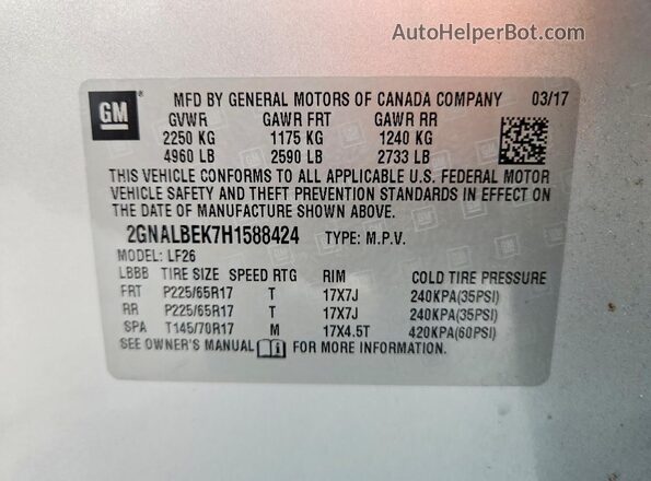 2GNALBEK7H1588424 2017 CHEVROLET EQUINOX Серебряный Вид наклейки с VIN-кодом