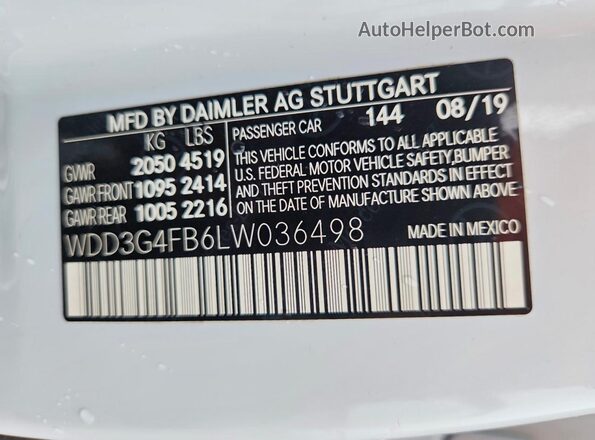 WDD3G4FB6LW036498 2020 MERCEDES-BENZ A White Widok naklejki z numerem VIN