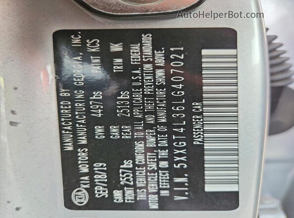 5XXGT4L36LG407021 2020 KIA OPTIMA Silver VIN sticker view