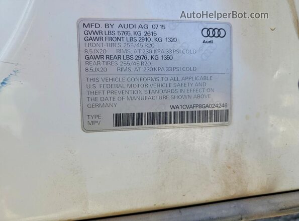 WA1CVAFP8GA024246 2016 AUDI Q5 White Widok naklejki z numerem VIN