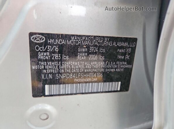 5NPD84LF5HH154106 2017 HYUNDAI ELANTRA Silver VIN կոդի պիտակի տեսք