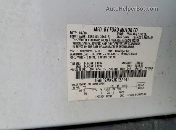 1FAHP2MK9JG127141 2018 FORD TAURUS White VIN კოდის სტიკერის ხედი