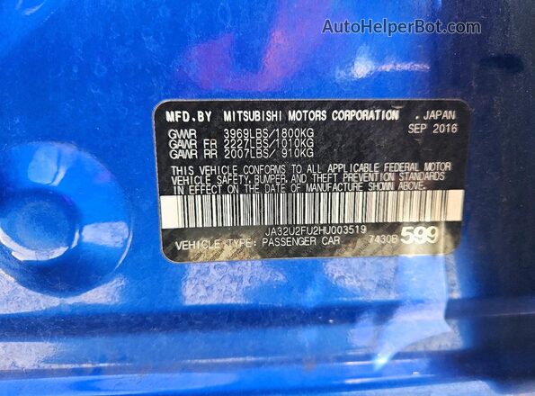 JA32U2FU2HU003519 2017 MITSUBISHI LANCER Blue Շարժիչի բաժամունքի տեսք