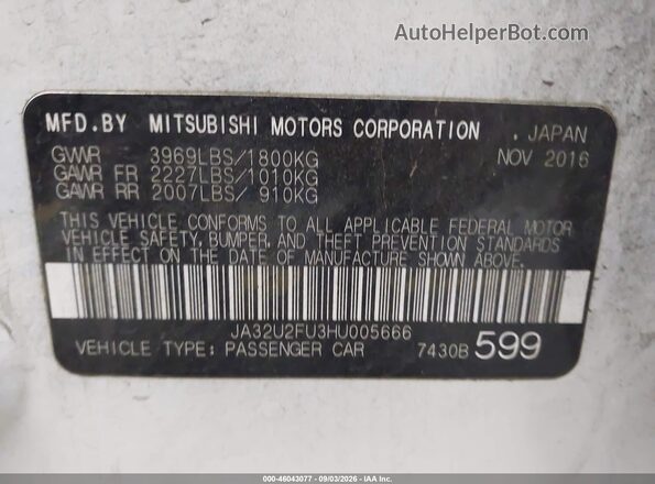 JA32U2FU3HU005666 2017 MITSUBISHI LANCER White Շարժիչի բաժամունքի տեսք