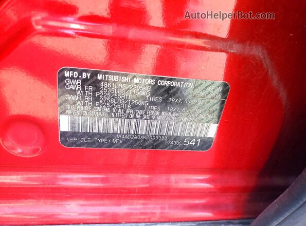 JA4AD2A3XKZ009388 2019 MITSUBISHI OUTLANDER Red VIN sticker view