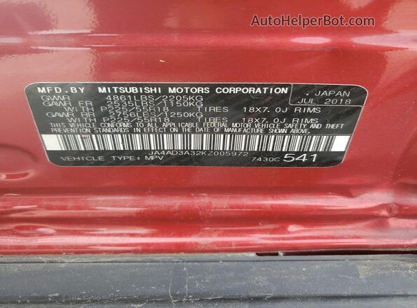 JA4AD3A32KZ005972 2019 MITSUBISHI OUTLANDER Red Widok naklejki z numerem VIN