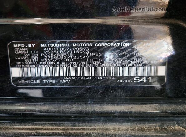 JA4AD3A34LZ048114 2020 MITSUBISHI OUTLANDER Black Widok naklejki z numerem VIN
