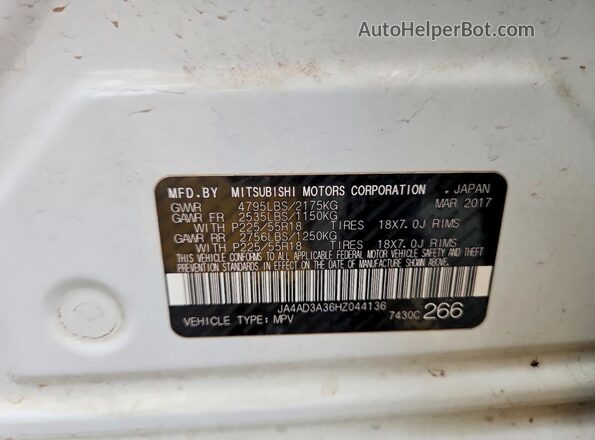JA4AD3A36HZ044136 2017 MITSUBISHI OUTLANDER White VIN sticker view