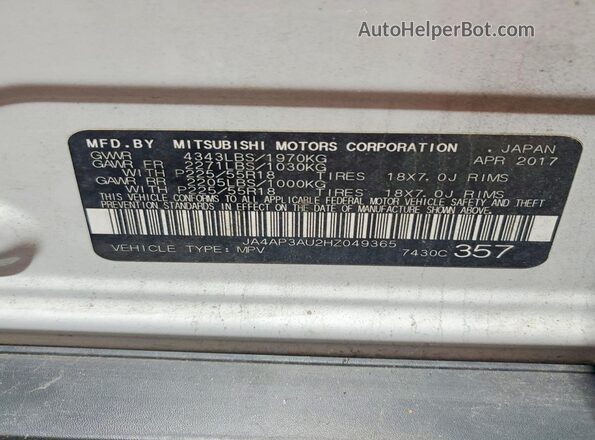 JA4AP3AU2HZ049365 2017 MITSUBISHI OUTLANDER White VIN sticker view