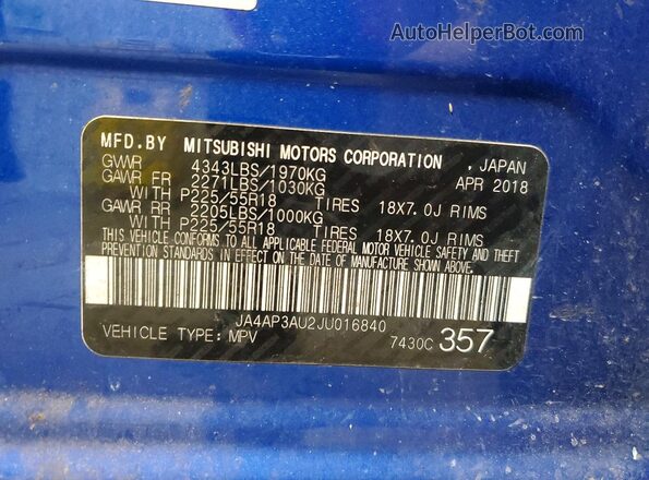 JA4AP3AU2JU016840 2018 MITSUBISHI OUTLANDER Blue VIN sticker view