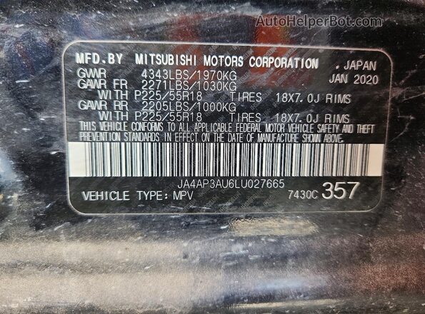 JA4AP3AU6LU027665 2020 MITSUBISHI OUTLANDER Black VIN sticker view