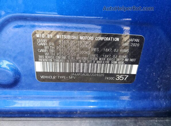 JA4AR3AU8LU024020 2020 MITSUBISHI OUTLANDER Blue სალონის 360-გრადუსიანი ხედი